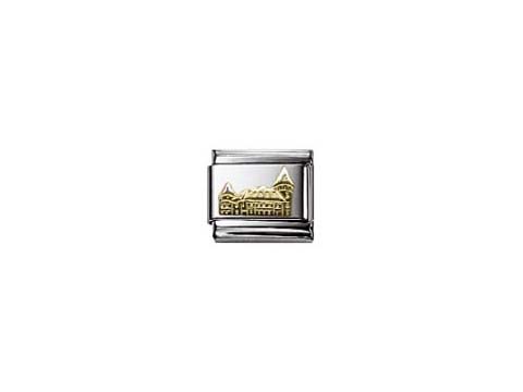 Silver und goldfarbener Charm von Nomination Classic Geißler aus Mayen mit einer detaillierten Darstellung eines historischen Gebäudes in gold. Ideal für individuelle Schmuckkreationen.