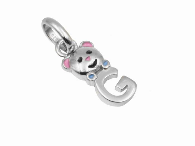 Teddy Anhänger aus 925 Sterling Silber, poliert und rhodiniert, mit Buchstaben G, blauem und rotem Emblem, geeignet für Kinder, Hersteller Juwelier Harnisch.