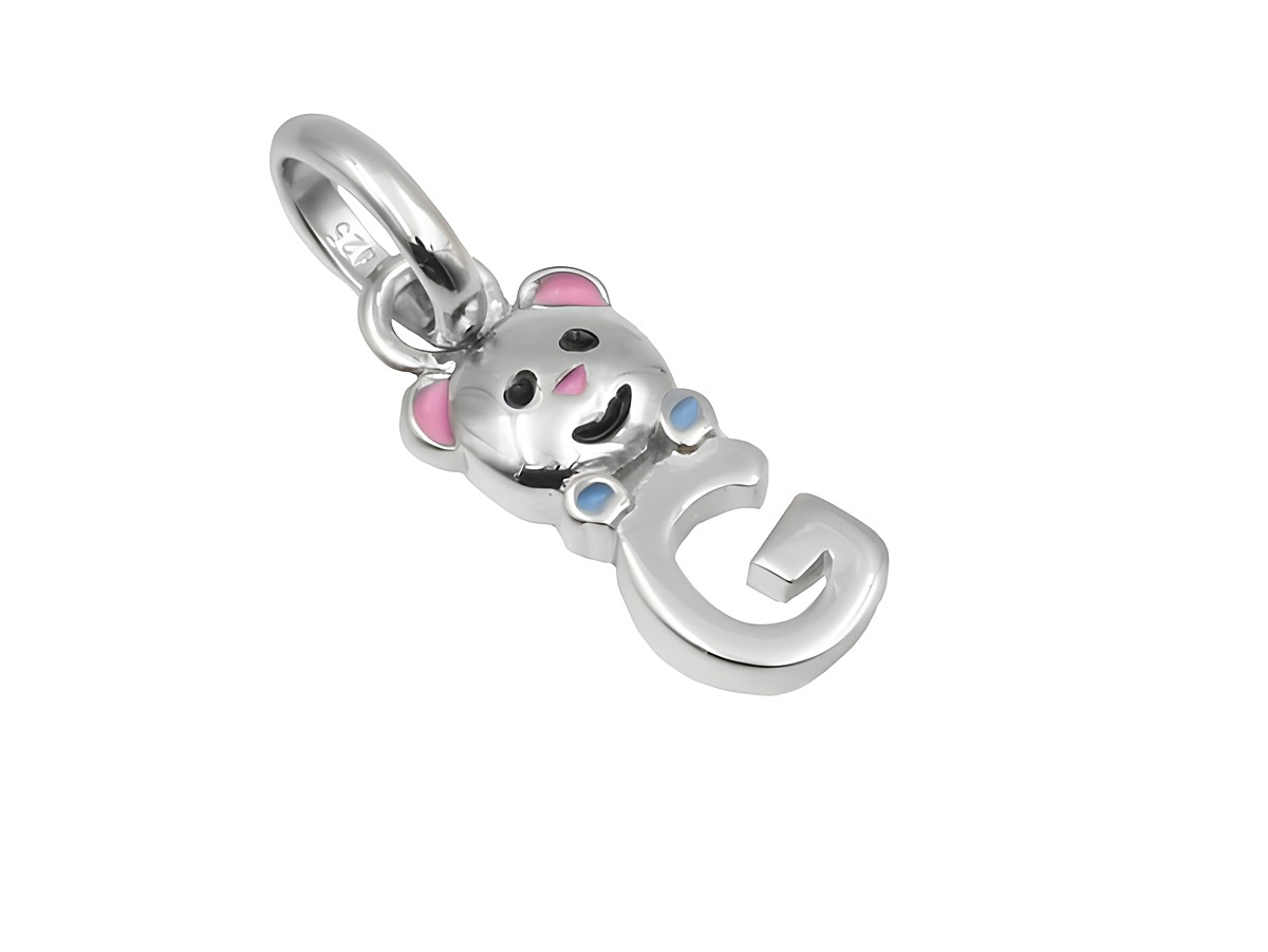 Teddy Anhänger aus 925 Sterling Silber, poliert und rhodiniert, mit Buchstaben G, blauem und rotem Emblem, geeignet für Kinder, Hersteller Juwelier Harnisch.