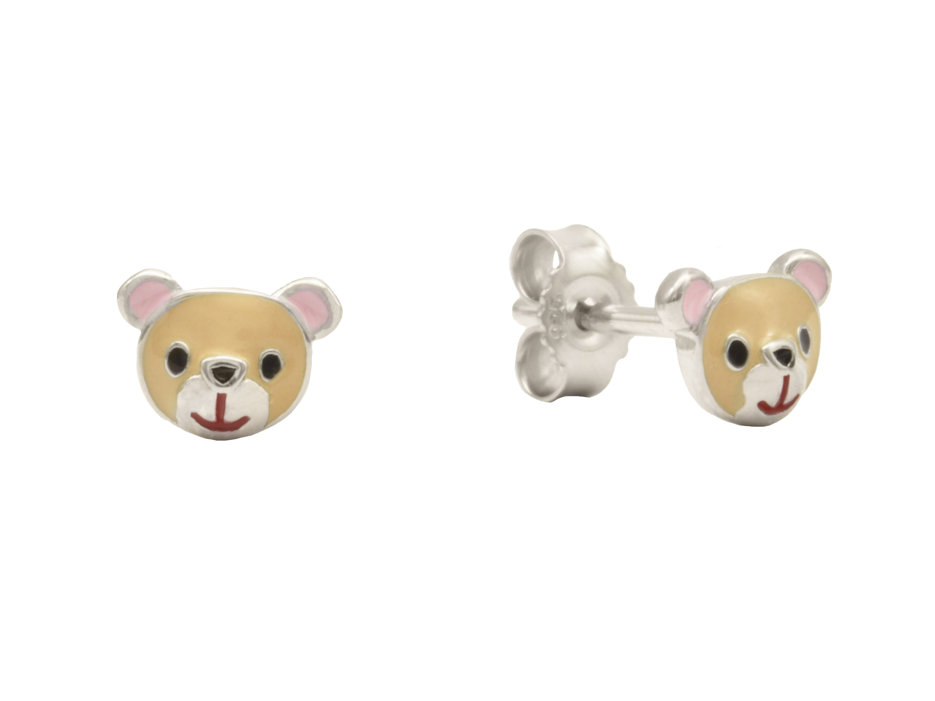 Ohrstecker in Teddybär Kopf Design aus Sterling Silber 925, rhodiniert und poliert, mit braunem Lack, idealer Kinderschmuck, Hersteller Juwelier Harnisch.