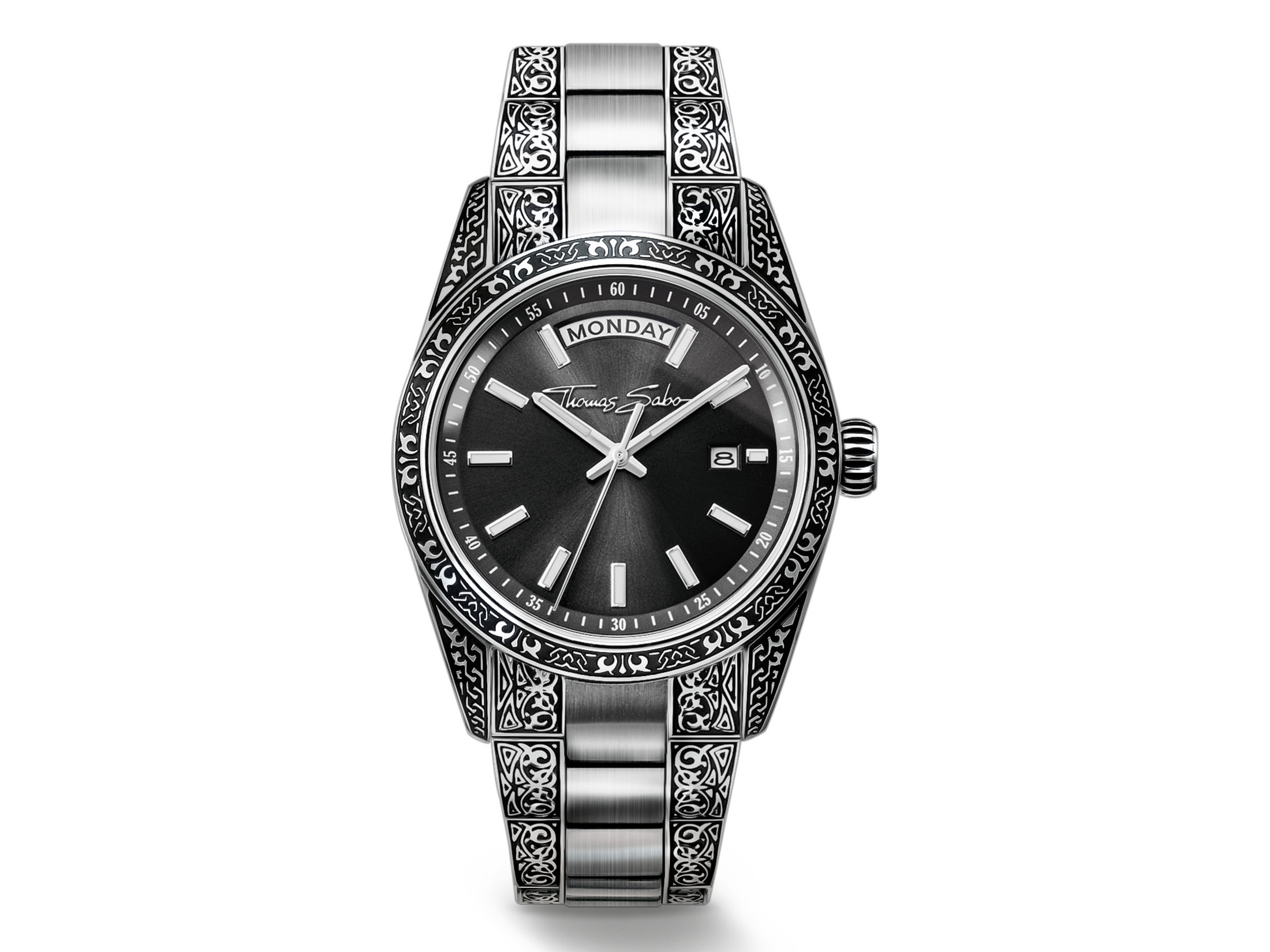 Thomas Sabo Uhr WA0427-201-201-36 mm - Rebel at Heart Revive mit schwarzem Ziffernblatt und kunstvollem Armband, ideal für stilbewusste Träger. Neuheit von Pandora.