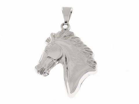 Hängender Pferdekopf aus Silber rhodiniert, plastisch 3D gestaltet, von Juwelier Harnisch, ideal für Tierliebhaber und als edles Schmuckstück.