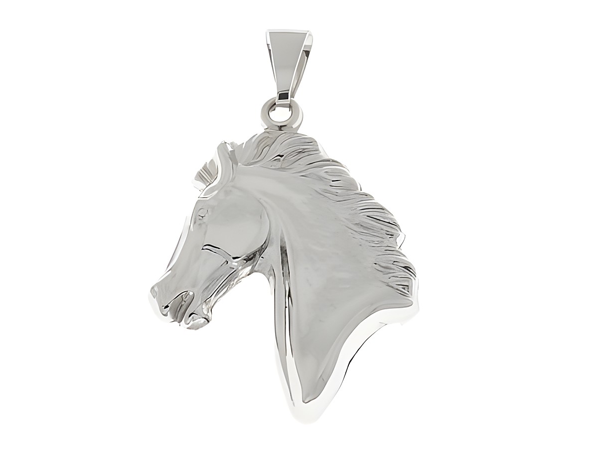Hängender Pferdekopf aus Silber rhodiniert, plastisch 3D gestaltet, von Juwelier Harnisch, ideal für Tierliebhaber und als edles Schmuckstück.