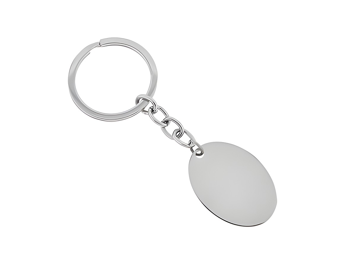 Schlüsselanhänger aus Edelstahl mit ovaler Gravurplatte von Juwelier Harnisch, ideal für persönliche Gravuren, Gesamtlänge 9 cm.