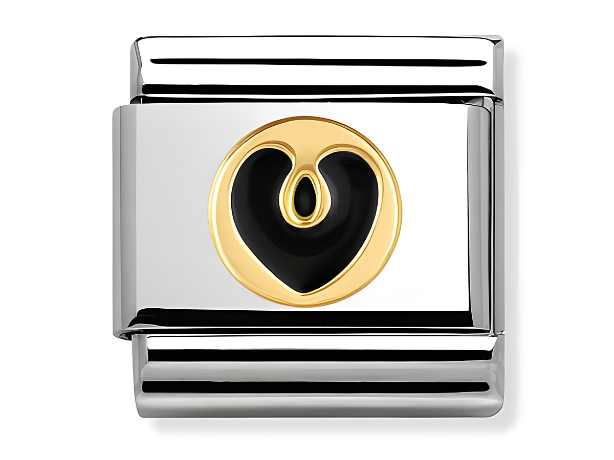 Elegante Nomination Classic Herz aus schwarzer Emaille mit goldenem Rand, Teil der Elegance Collection des Herstellers Nomination, ideal für personalisierte Schmuckkreationen.