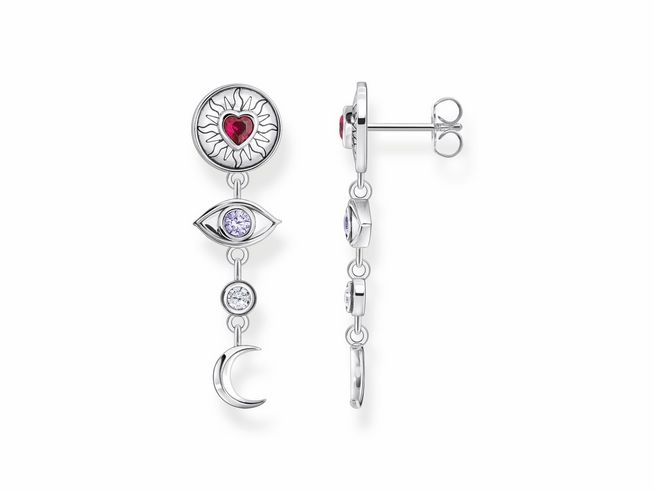 Hängende Thomas Sabo Ohrringe H2277-640-7 aus Silber mit bunten synthetischen Korunden und Zirkonia, gestaltet als kosmischer Talisman mit Sonne, Auge, Herz und Mondmotiven.