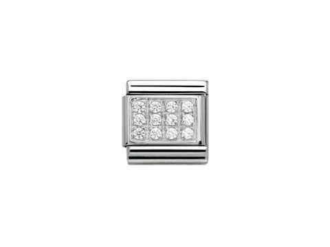 Silbernes Nomination Classic 330307 01 Element in Weiß mit glänzenden Zirkonia Steinen, in quadratischer Form und modernem Design, ideal für eine elegante Armbandgestaltung.