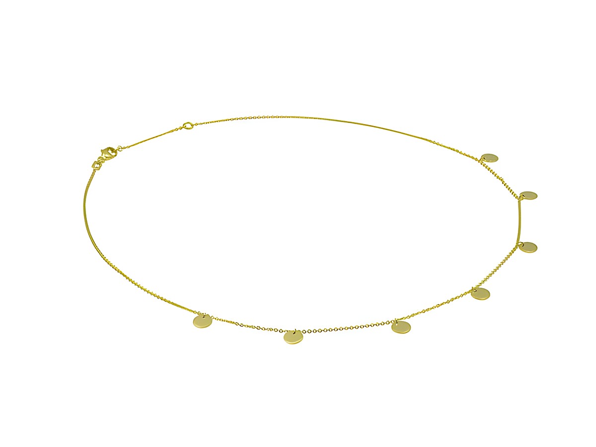 Kette Plättchenreihe in Silber und Gelbgold vergoldet mit Anhängern, Länge 42 cm plus 45 cm, Hersteller Juwelier Harnisch, weiteres Kettenmuster erhältlich.