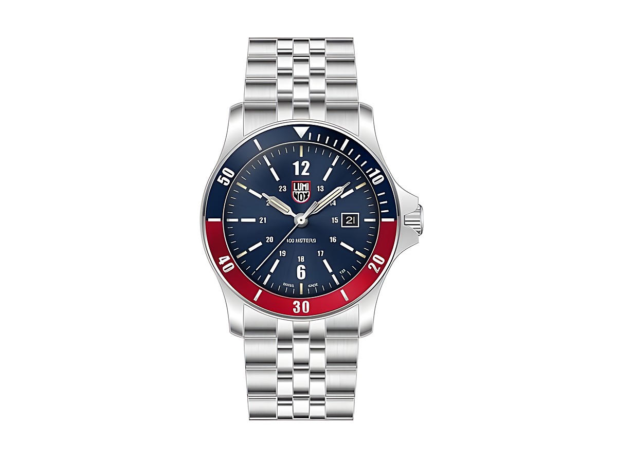 Luminox Uhr XS.0914 SEA Sport Timer 42 mm mit blauem Ziffernblatt, silbernem Edelstahlarmband und roter Lünette, bietet eine Datumsanzeige und eine Wassertiefe von 100 Metern.