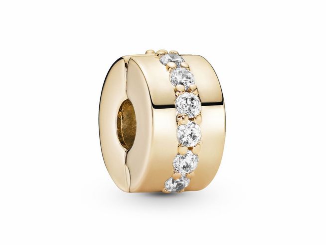 Pandora Gold 585 Clip Stopper Zirkonia aus hochwertigem 585er Gold mit funkelnden Zirkonia-Steinen, ideal für die individuelle Schmuckgestaltung und als elegantes Accessoire.