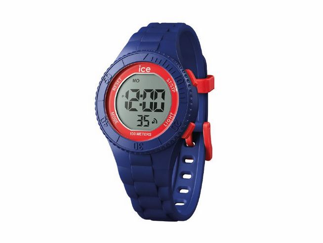 ICE digit - Blue red - Small - 021271 ist eine digitale Uhr von Ice Watch mit blauem Silikonarmband und rotem Ziffernblatt. Sie hat Funktionen wie Stoppuhr und Licht, wasserdicht bis 100 Meter.