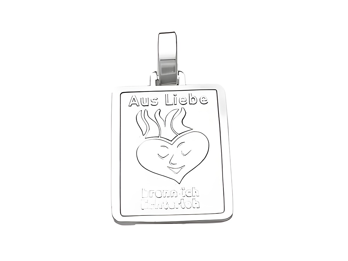 Silber Anhänger mit der Gravur Aus Liebe brenn ich lichterloh, Hersteller Juwelier Harnisch, mit einem Herzen und Flammenmotiv. Ideal als Geschenk für besondere Anlässe.