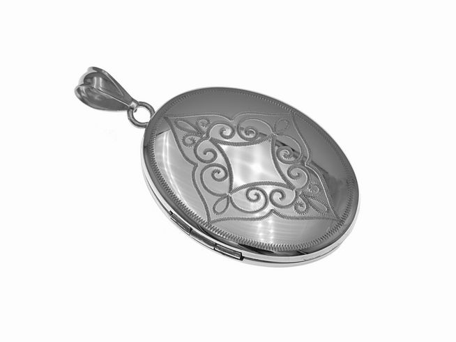 Hinreißendes ovales Silbermedaillon vom Hersteller Juwelier Harnisch, verziert mit filigranen Mustern und feiner Gravur, ideal für persönliche Erinnerungen oder als Geschenk.