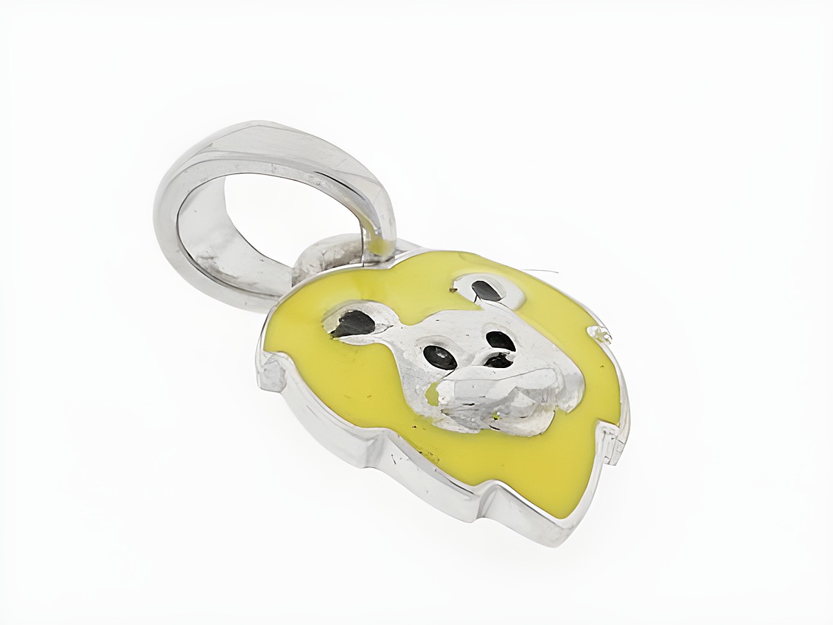 Silber Anhänger in Löwenform, rhodiniert mit gelbem und schwarzem Lack, niedlich gestaltet, Hersteller Juwelier Harnisch, ideal für Kinder.