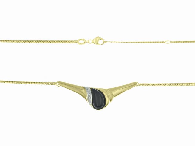 Collierkette mit einem Mittelteil aus 333 Gelbgold und Weißgold, verziert mit Onyx und Diamanten, Länge 41 cm und 44 cm, vom Hersteller Juwelier Harnisch.