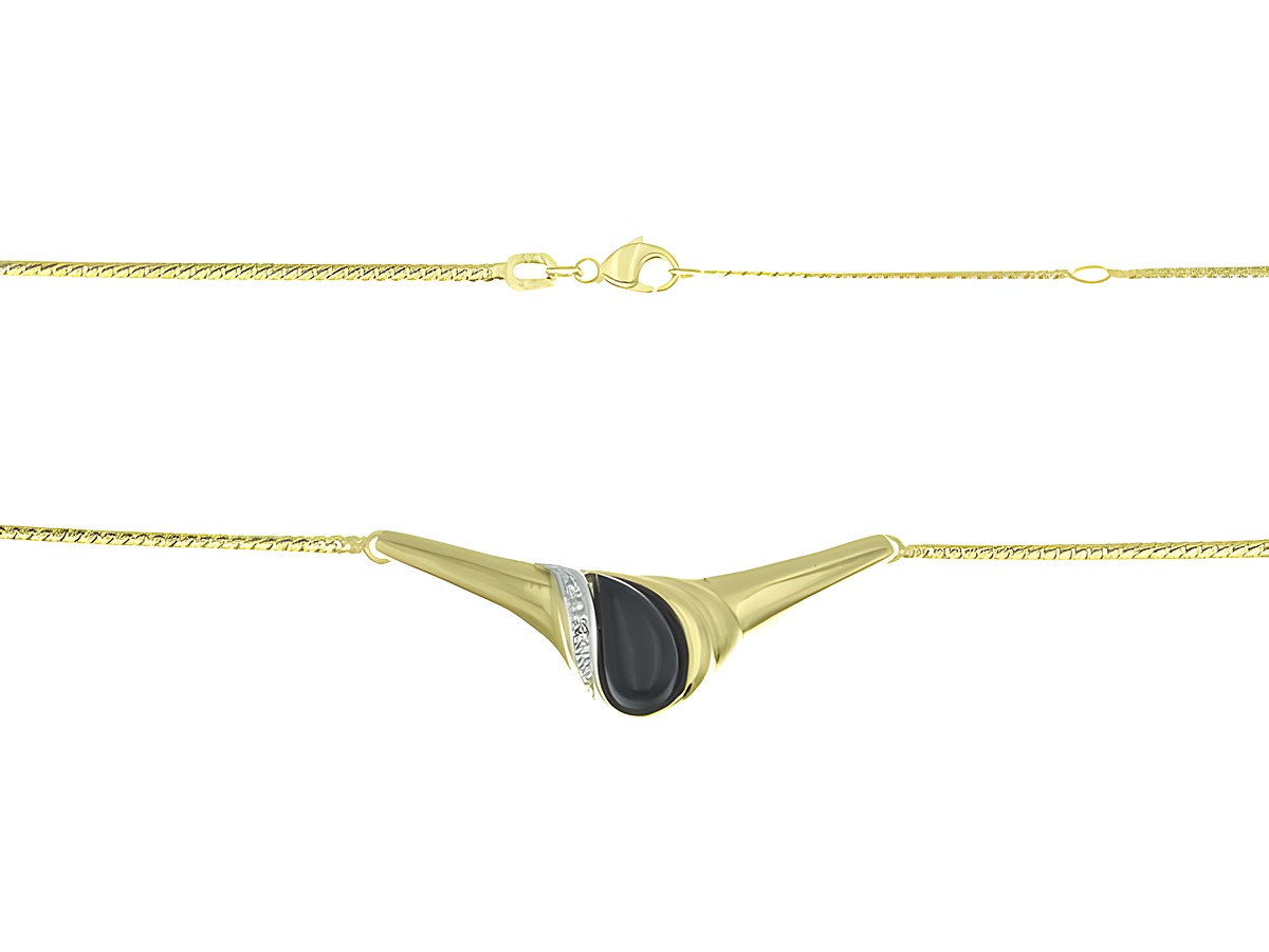 Collierkette mit einem Mittelteil aus 333 Gelbgold und Weißgold, verziert mit Onyx und Diamanten, Länge 41 cm und 44 cm, vom Hersteller Juwelier Harnisch.