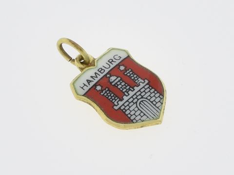 Gold Anhänger mit dem Stadtwappen Hamburg aus 585 Gold, verziert mit Emaile, vom Hersteller Juwelier Harnisch, symbolisiert Heimatliebe und ist ideal für Anhänger und Schmuckliebhaber.