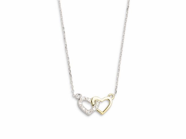 Zwei ineinander verschlungene Herzen, eines aus Gelbgold und das andere mit Diamantakzenten, auf einer feinen Kette in 42 cm Länge, perfekt als romantisches Schmuckstück.