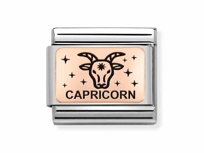 Edelstahl Roségold Charm von Nomination mit dem Sternzeichen Steinbock und einem Ziegenmotiv, ergänzt durch funkelnde Sterne, ideal für persönlichen Schmuck.
