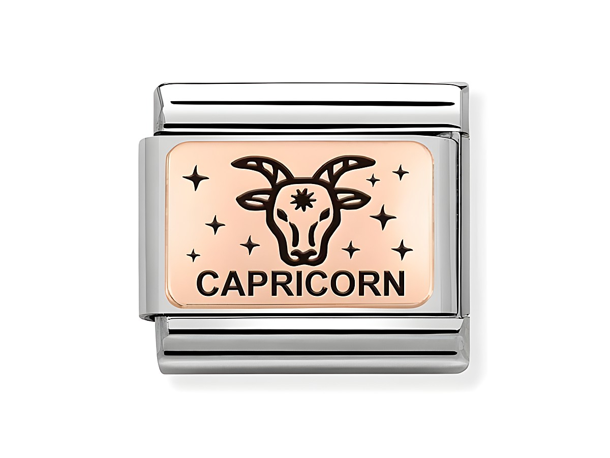 Edelstahl Roségold Charm von Nomination mit dem Sternzeichen Steinbock und einem Ziegenmotiv, ergänzt durch funkelnde Sterne, ideal für persönlichen Schmuck.