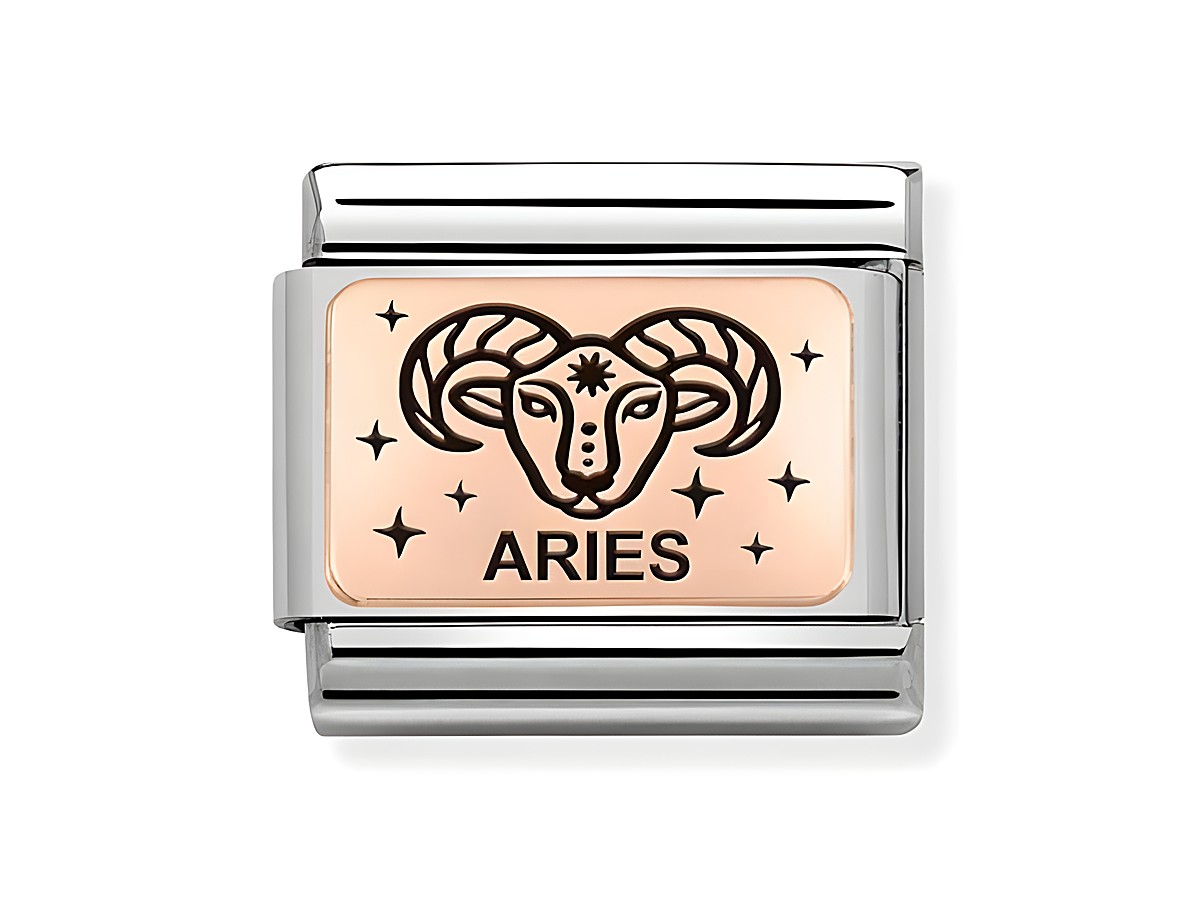 Edelstahl Roségold Charm von Nomination mit dem Sternzeichen Widder. Der Charm zeigt ein Widderkopf-Motiv und das Wort ARIES, umgeben von kleinen Sternen.