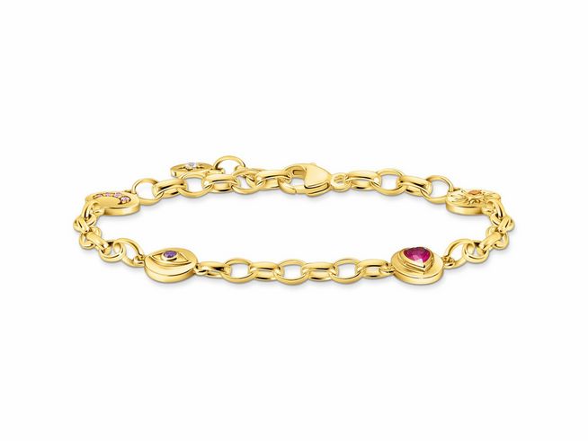 Silber vergoldetes Armband von Thomas Sabo mit bunten synthetischen Korund und Zirkonia Steinen. Das Armband ist elegant und verfügt über eine feine Gliederkette mit Verzierung.