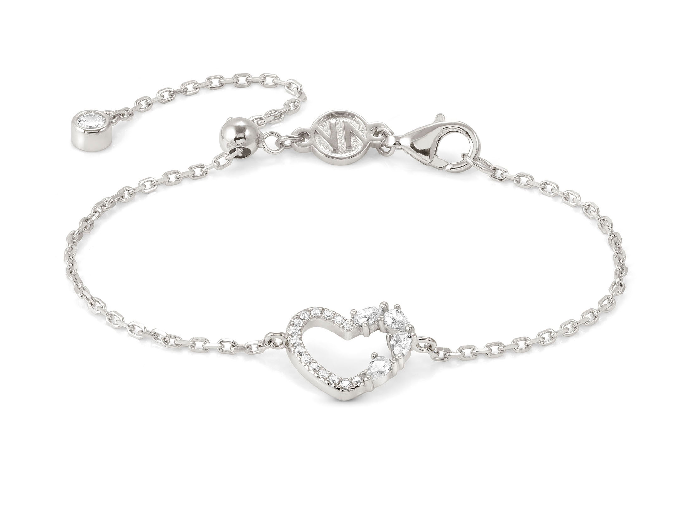 Sterling Silber Armband von Nomination mit einem Herzanhänger, verziert mit Zirkonia, in Weiß, verstellbar bis 18 cm, elegantes Design, ideal für jeden Anlass.