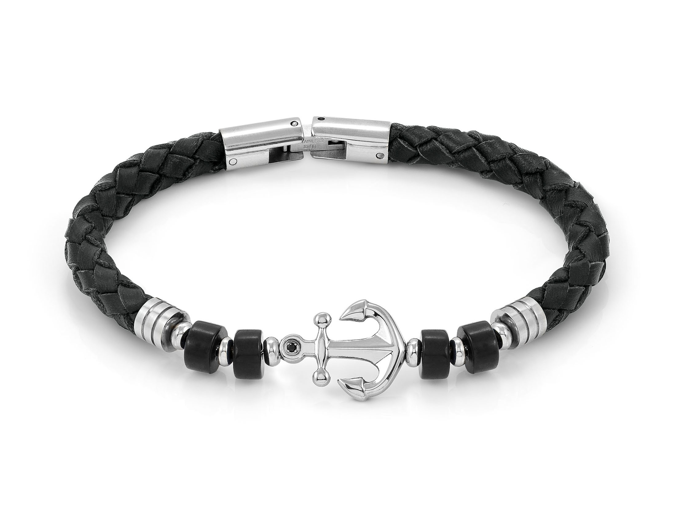 Lederarmband von Nomination in der ATLANTE STONES EDITION mit einem Anker und schwarzen Achatsteinen, 55 bis 60 cm lang, modern und stylisch, perfekt für jeden Anlass.