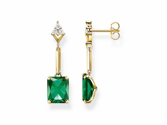 Ohrringe aus vergoldetem Silber mit grünem Oktagonstein, besetzt mit Zirkonia, in eleganter Anhängerform, gefertigt von Thomas Sabo.