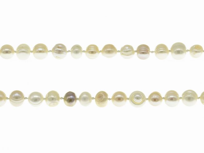 Perlenkette lang Süßwasser-Zuchtperlen 7-10,5 mm mehrfarbig 140 cm von Juwelier Harnisch extra lang zeigt eine elegante Anordnung von schimmernden Perlen in verschiedenen Farbtönen.