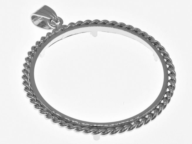 Münzfassung Anhänger aus rhodiniertem 925 Sterling Silber mit Kordel-Design, Durchmesser für Münzen bis 37 mm, passend für bis zu 4 cm große Münzen, hergestellt von Juwelier Harnisch.