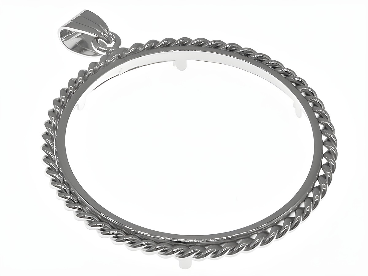 Münzfassung Anhänger aus rhodiniertem 925 Sterling Silber mit Kordel-Design, Durchmesser für Münzen bis 37 mm, passend für bis zu 4 cm große Münzen, hergestellt von Juwelier Harnisch.