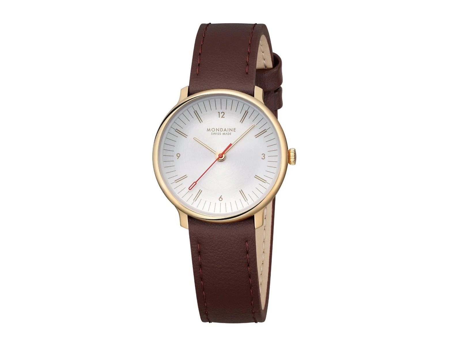 Mondaine Uhr MLE.33110.LGV - Doppio - Braun - 33 mm Elegante Mondaine Uhr MLE.33110.LGV Doppio in Braun mit 33 mm Gehäuse, silbernem Ziffernblatt und rotem Sekundenzeiger, ideal für stilbewusste Träger.