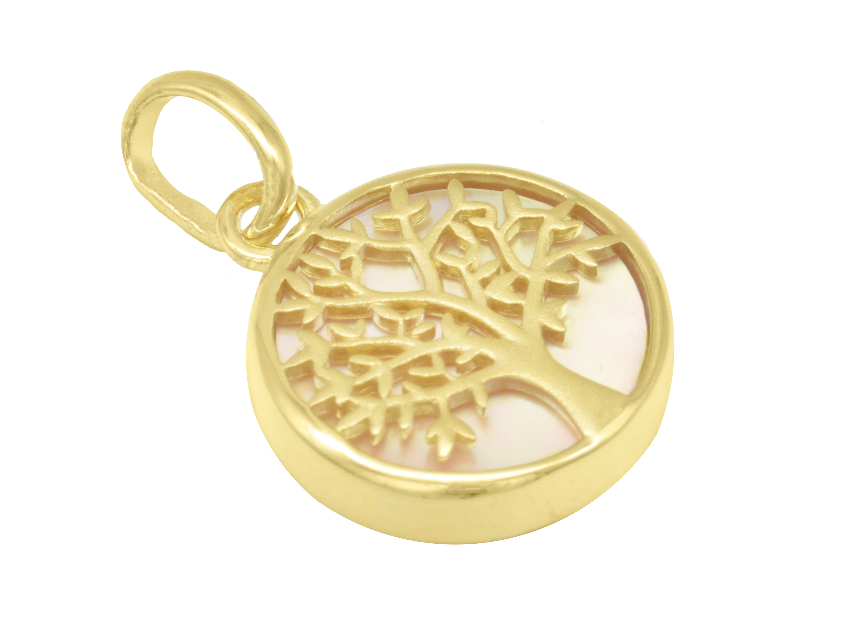 Lebensbaum Anhänger aus zartem Sterling Silber, gelbgold vergoldet, poliert mit Perlmutt in Weiß-Rosa, Hersteller Juwelier Harnisch, ein elegantes Schmuckstück inspiriert von Pflanzen.