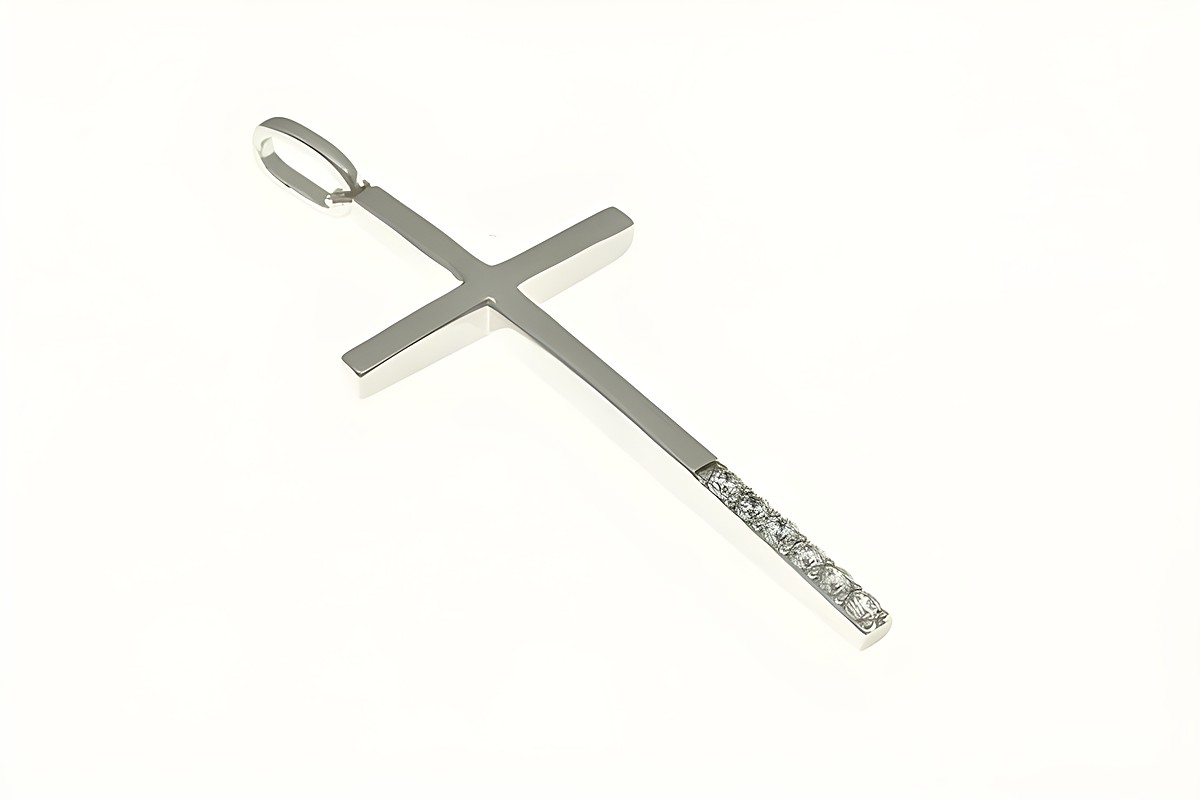 Kreuz Anhänger aus rhodiniertem Sterling Silber, verziert mit Zirkonia-Steinen, Hersteller: Juwelier Harnisch, elegantes und schlichtes Design, ideal als Schmuckstück oder Geschenk.