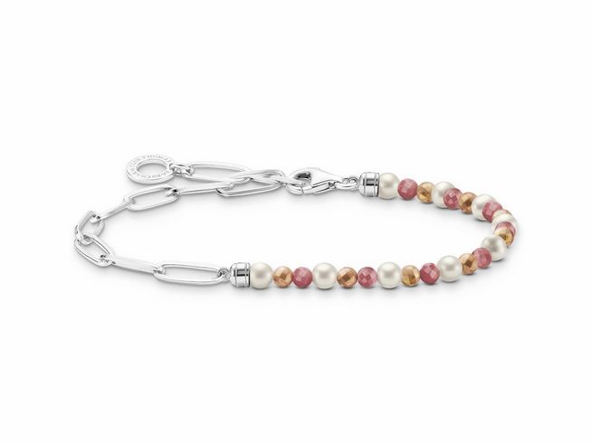 Armband aus Silber mit Jaspis, Rosenquarz und Süßwasserzuchtperlen in einer Länge von 17 cm. Elegant und farbenfroh, ideal für jeden Anlass.