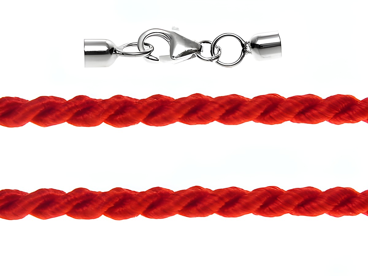 Kordel gedreht 100 cm in rot mit einem Durchmesser von 2 mm und einem silbernen Karabiner, Hersteller: Juwelier Harnisch, ideal für Schmuck- und Bastelprojekte.