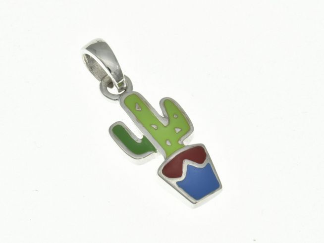 304210-0 Kaktus Anhänger aus rhodiniertem Sterling Silber mit buntem Emaille-Dekor, ausgestattet mit einer praktischen Öse, ideal für Kinder. Hersteller Juwelier Harnisch.