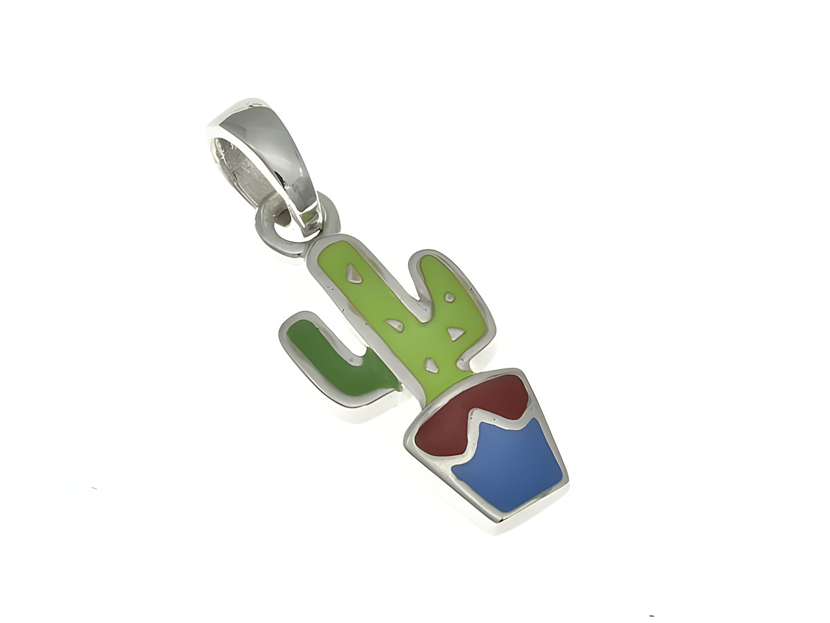 Kaktus Anhänger aus rhodiniertem Sterling Silber mit buntem Emaille-Dekor, ausgestattet mit einer praktischen Öse, ideal für Kinder. Hersteller Juwelier Harnisch.