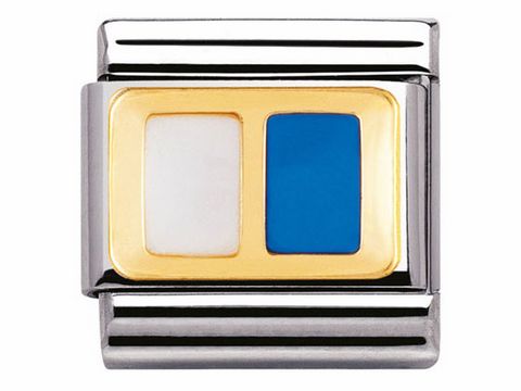 Eleganter Charm mit zwei Rechtecken in Weiß und Himmelblau, umrahmt von goldenem Rahmen und silberner Struktur, ideal für eine individuelle Gestaltung.