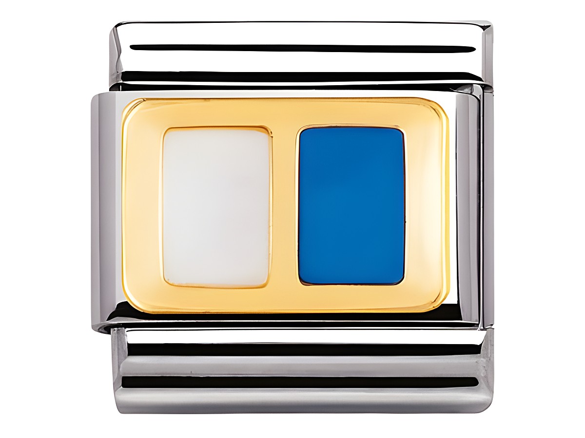 Eleganter Charm mit zwei Rechtecken in Weiß und Himmelblau, umrahmt von goldenem Rahmen und silberner Struktur, ideal für eine individuelle Gestaltung.