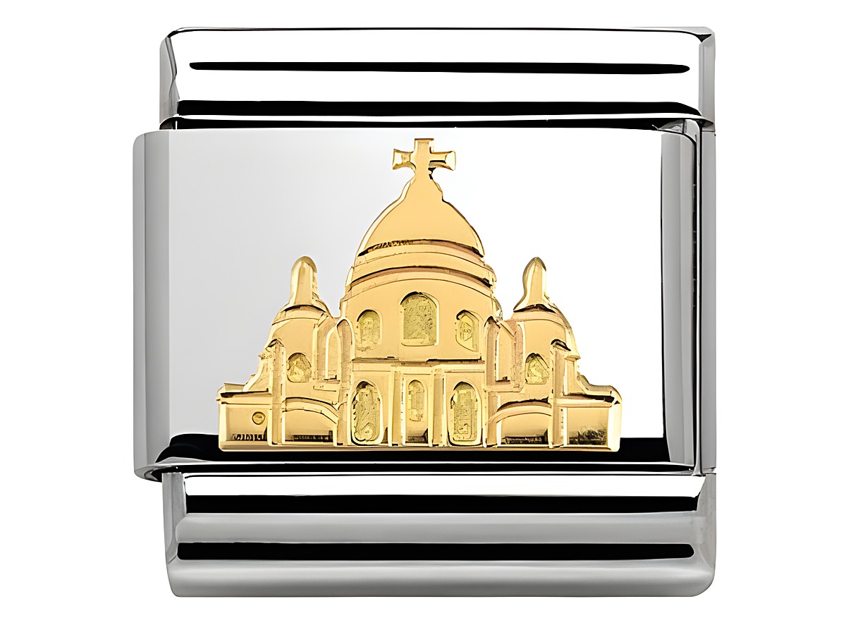 Bicolor Charm mit Abbildung der Basilika Sacré-Cœur in Montmartre, symbolisiert französische Kultur und Architektur, geeignet für Schmuckliebhaber und Sammler.