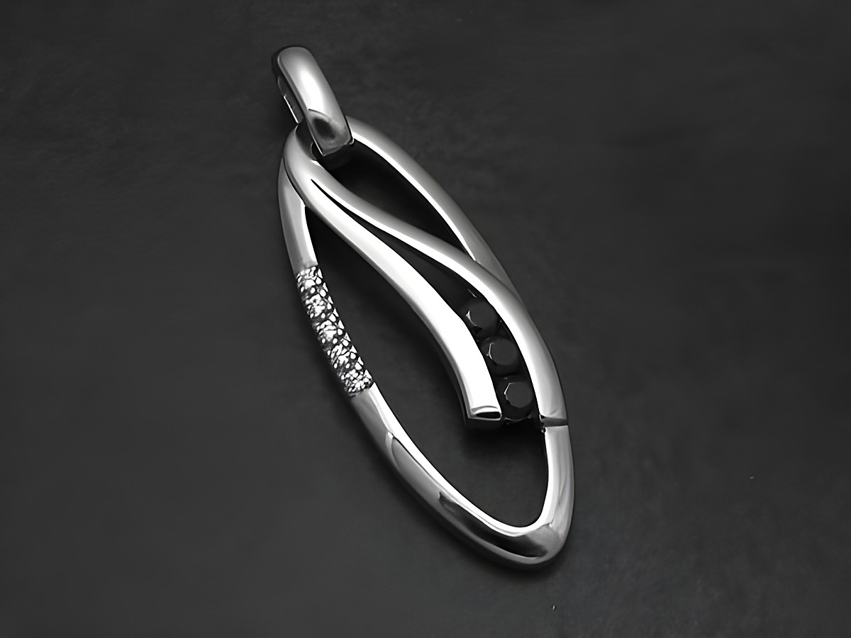 Design Anhänger aus rhodinierten Sterling Silber mit elegantem, geschwungenem Design und Zirkonia, Hersteller Juwelier Harnisch, kunstvoll verarbeitet und faszinierend.
