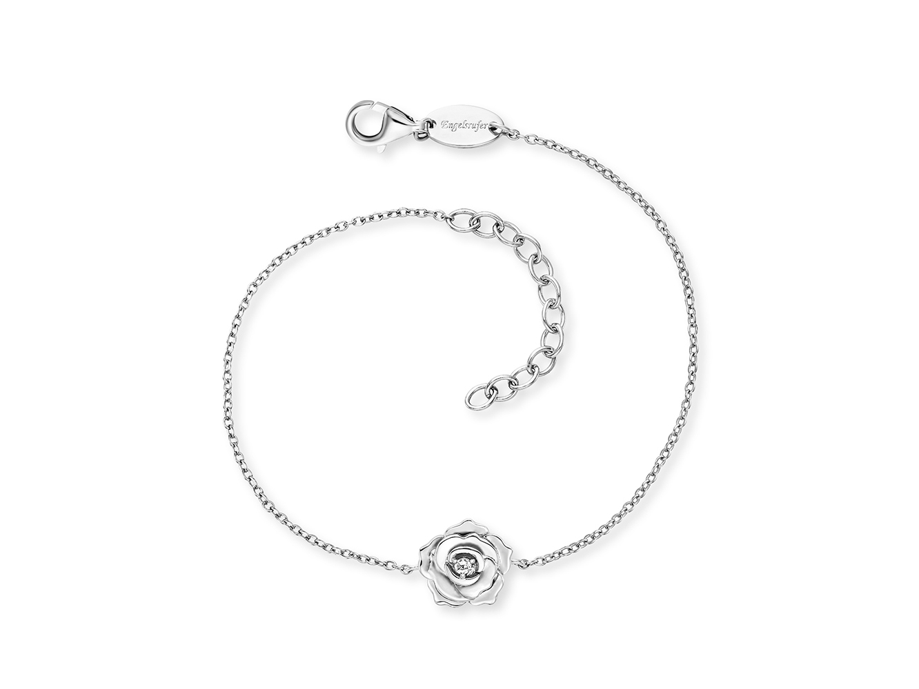Engelsrufer ERB-ROSE-ZI ROSE Armband mit Zirkonia aus rhodiniertem Silber, 17 cm, zartes Design mit einer stilisierten Rose als Anhänger, eleganter Verschluss und anpassbare Länge.
