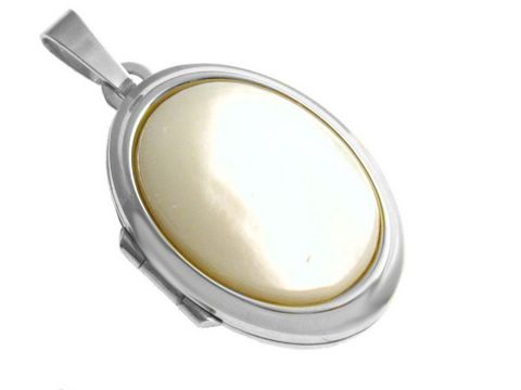 Perlmutt Cabochon in rhodiniertem Sterling Silber Medaillon, hergestellt von Juwelier Harnisch, elegantes Design, ideal als Schmuckstück oder persönliches Geschenk.