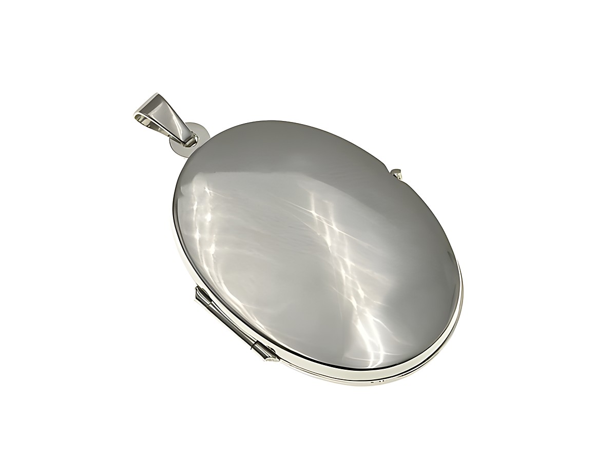 Weißgold Medaillon oval schlicht elegant aus Weißgold 333, hergestellt von Juwelier Harnisch, ideal zum Aufbewahren von Erinnerungen.