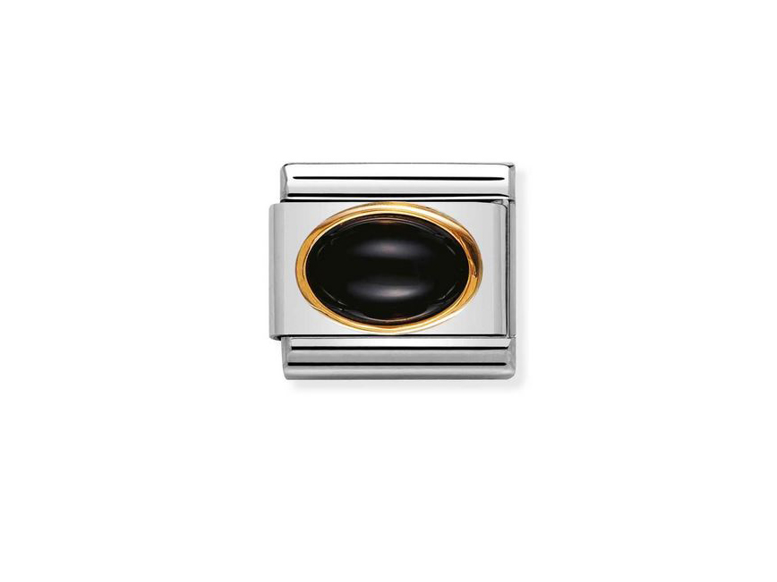 Ovaler, schwarzer Achatstein eingelegt in ein silbernes Element mit goldfarbener Umrandung von Nomination, geeignet für den Einsatz in Armbändern oder Schmuckstücken.