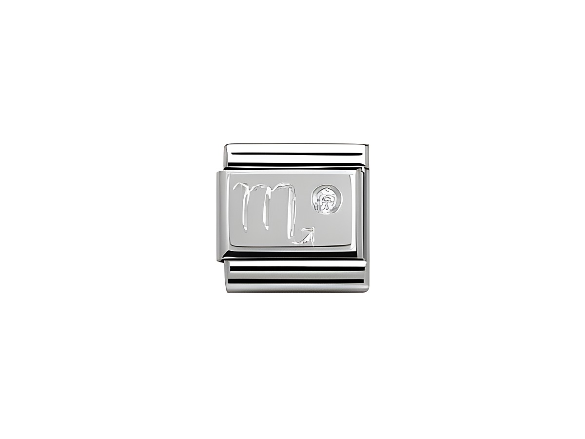 Silberner Charm mit dem Sternzeichen Skorpion, verziert mit Zirkonia, hergestellt von Nomination, ideal für individuelle Armbänder und als Geschenk für Skorpion-Geborene.