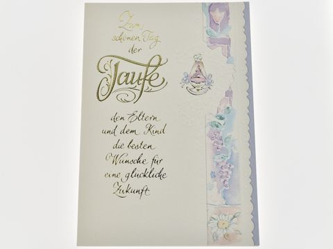 Taufkarte für Kinderkrippe mit dekorativen Elementen und Blumen, Hersteller Juwelier Harnisch, verziert mit textuellen Wünschen zur Taufe für Glück und Zukunft.