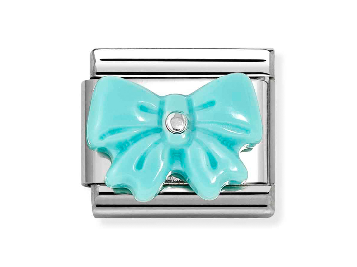 Nomination Sterling Silber 330509 19 - Schleife - Harz + Türkis Element - Classic Silber Schmuckelement aus Sterling Silber mit einer stilvollen türkisfarbenen Schleife aus Harz in der Mitte, umrahmt von poliertem Silber, ideal für individuelle Armbänder.